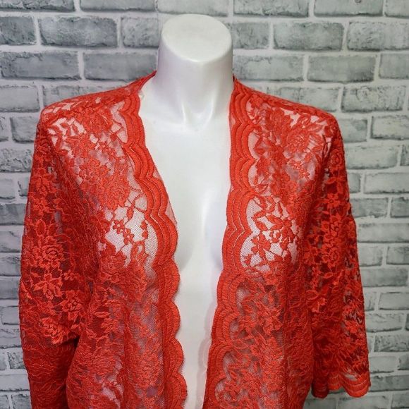 Haptics by Holly Harper Plus Size 1X Neon Coral Lace Cover Up Cardigan Popover - Picture 2 of 8